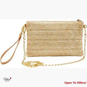 Straw and Polyester Crossbody Bag with Wristlet and Chain Strap